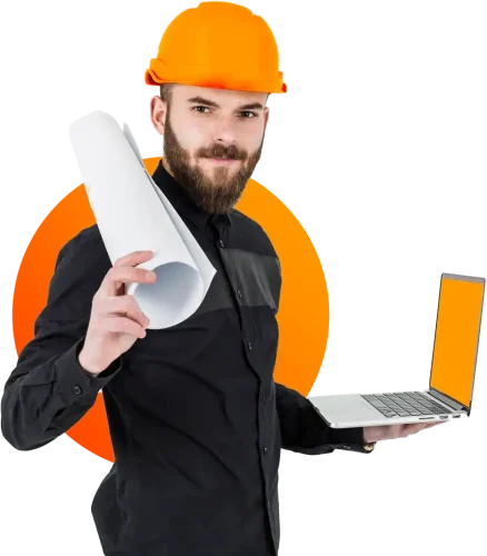 young_engineer_holding_rolledup_blueprint_open_laptop_against_white